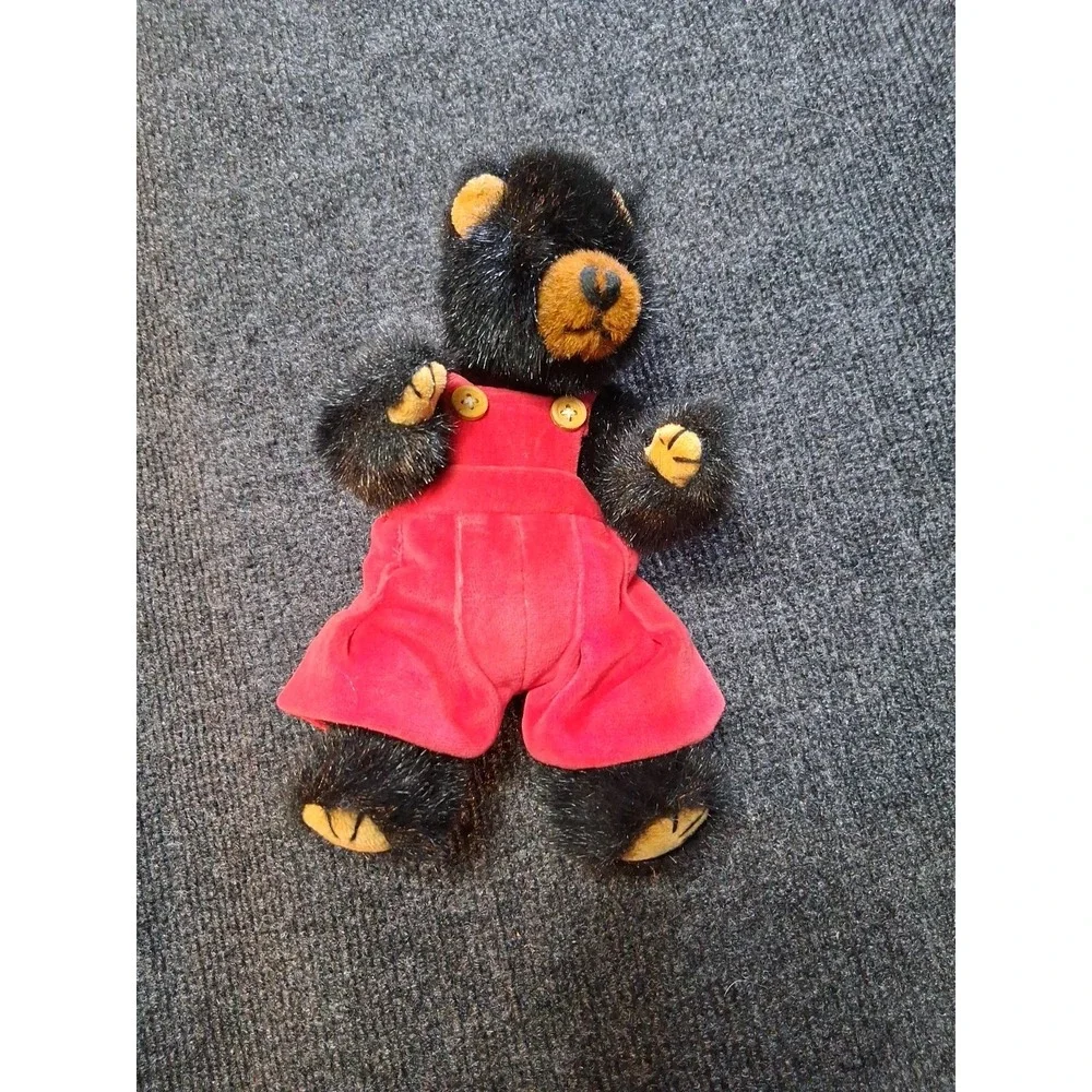 Vintage 1993 Ty Black Bear Overalls Red Velvet Stuffed Animal Plush Toy